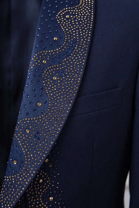 Stellar Nebula - Navy & Gold Crystal Shawl 3-Piece Tuxedo