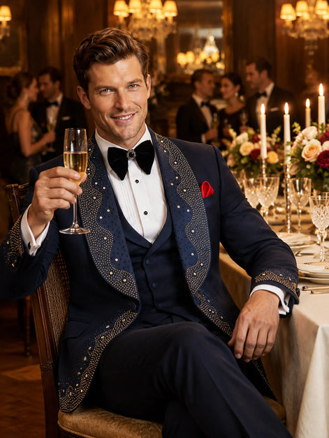 Stellar Nebula - Navy & Gold Crystal Shawl 3-Piece Tuxedo