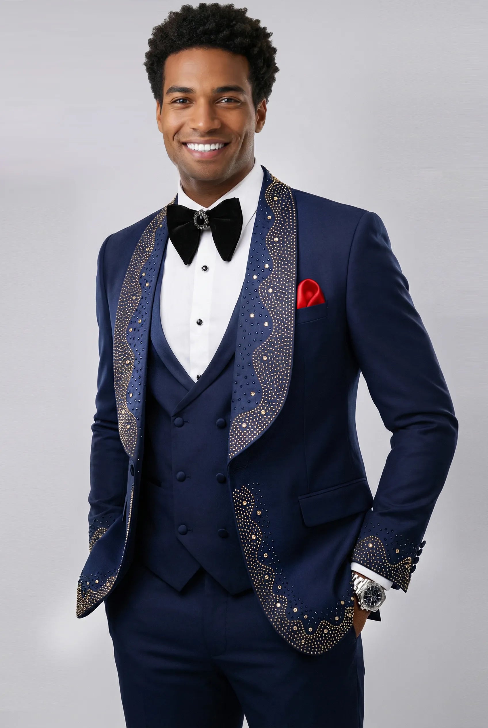 Stellar Nebula - Navy & Gold Crystal Shawl 3-Piece Tuxedo