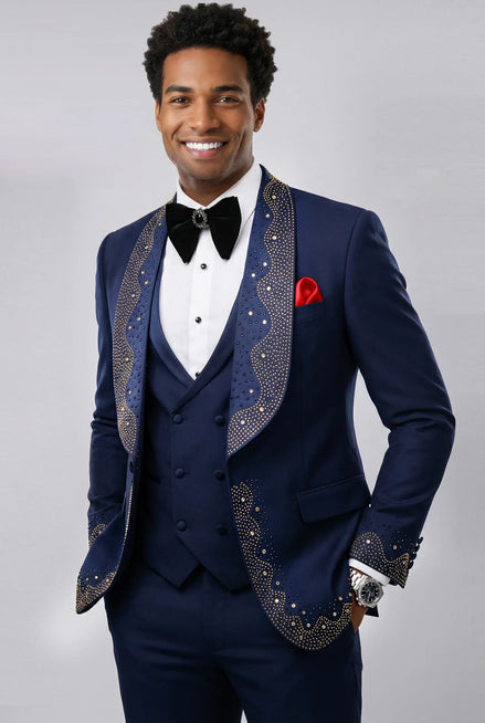 Stellar Nebula - Navy & Gold Crystal Shawl 3-Piece Tuxedo