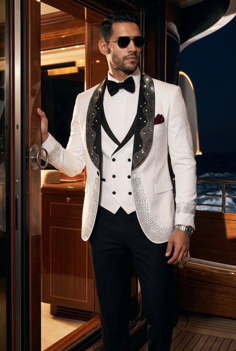 Lunar Nebula - White Crystal Shawl 3-Piece Tuxedo