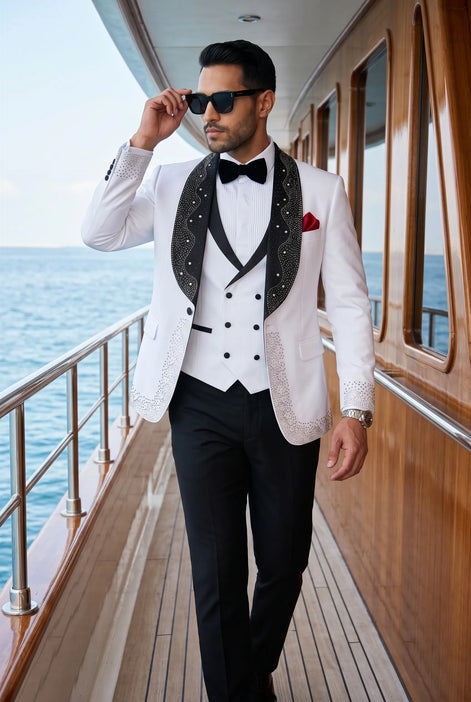 Lunar Nebula - White Crystal Shawl 3-Piece Tuxedo