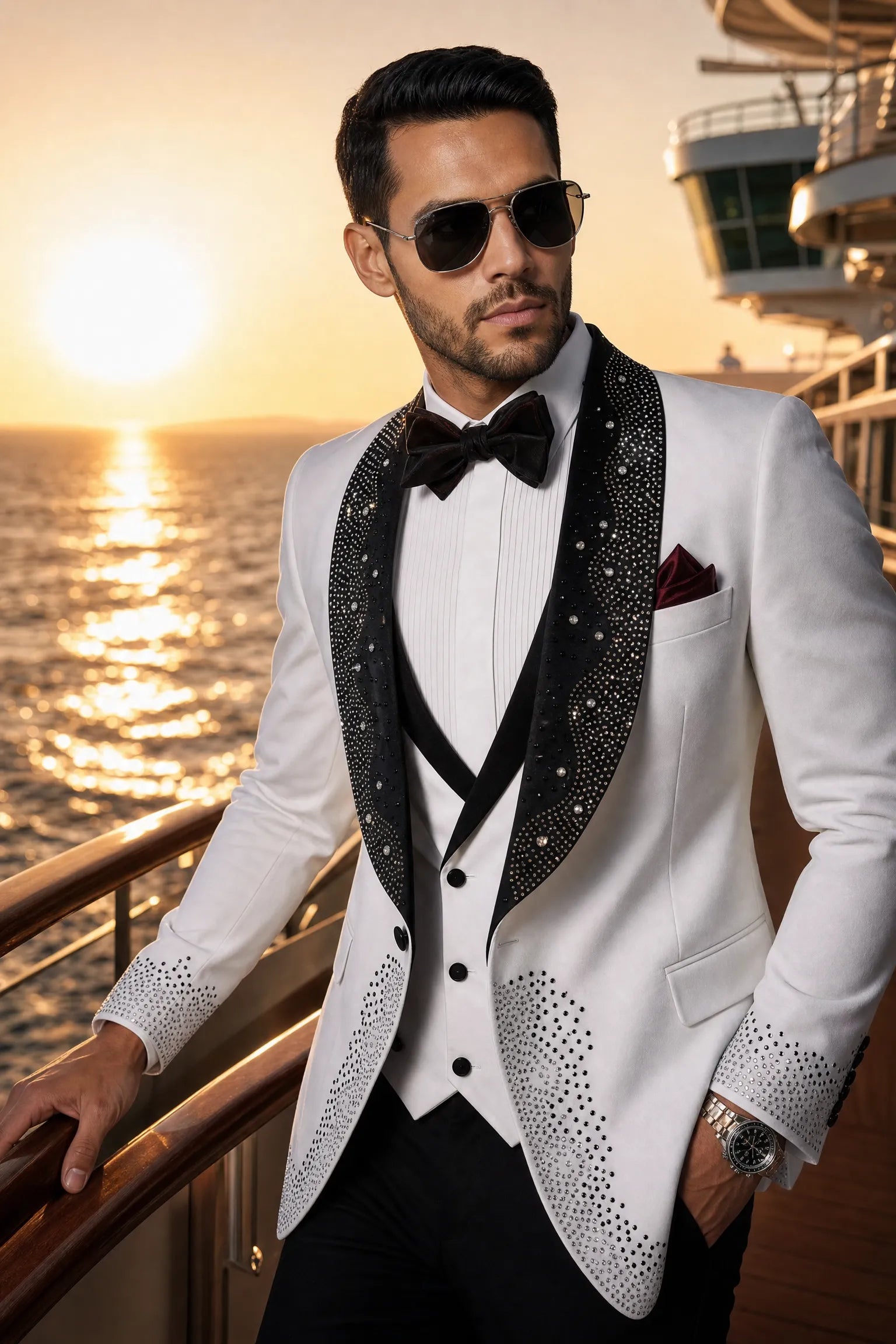 Lunar Nebula - White Crystal Shawl 3-Piece Tuxedo