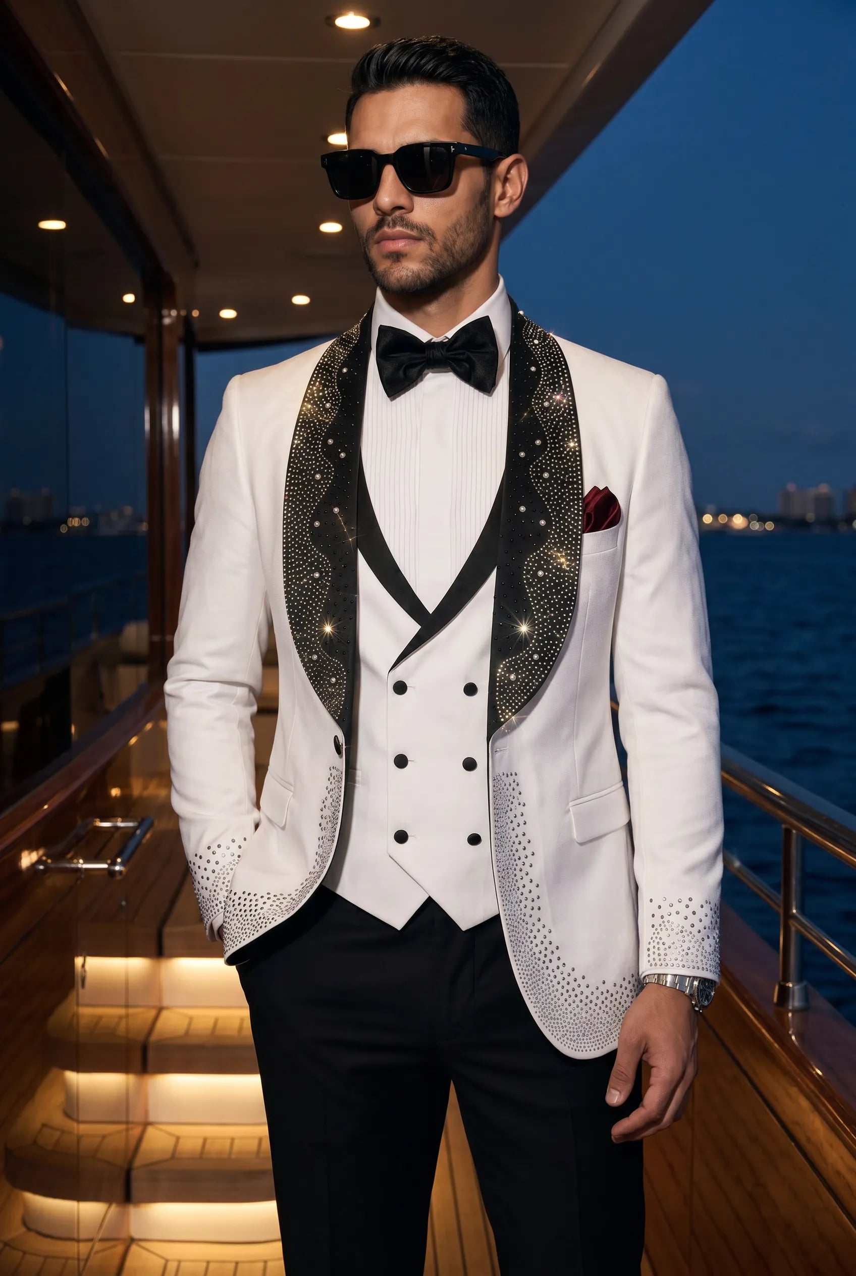 Lunar Nebula - White Crystal Shawl 3-Piece Tuxedo