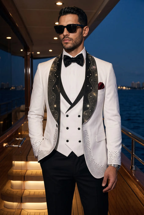 Lunar Nebula - White Crystal Shawl 3-Piece Tuxedo
