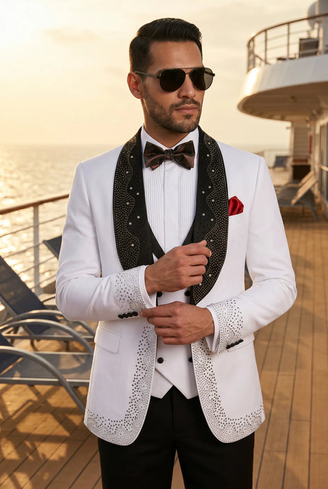 Lunar Nebula - White Crystal Shawl 3-Piece Tuxedo