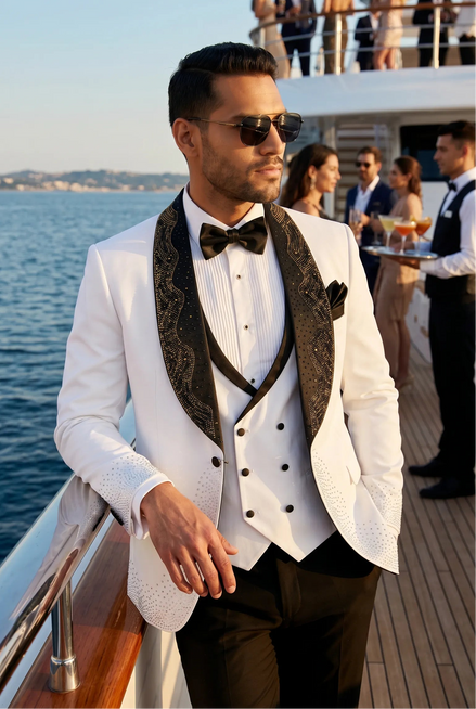Lunar Nebula - White Crystal Shawl 3-Piece Tuxedo