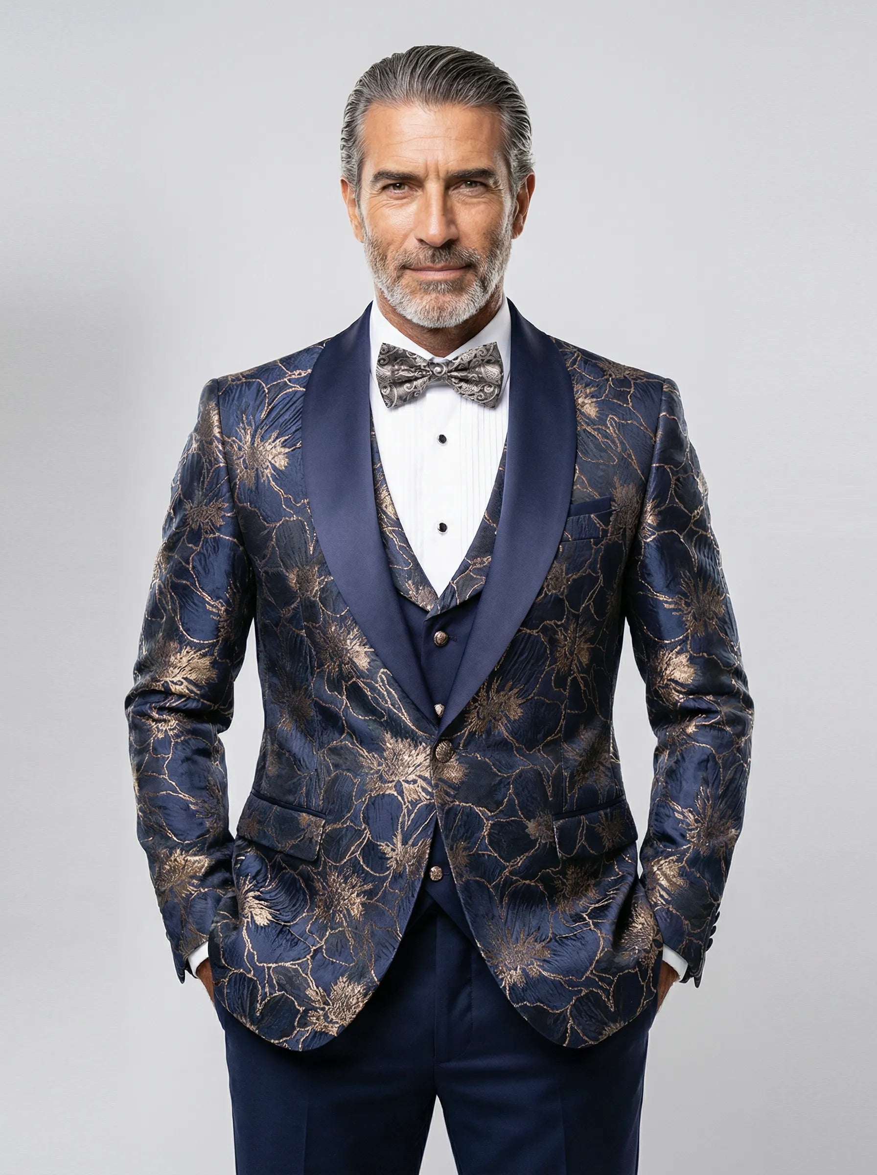 Back view - Navy Gold Floral Jacquard Shawl Tuxedo - Nevo Suit
