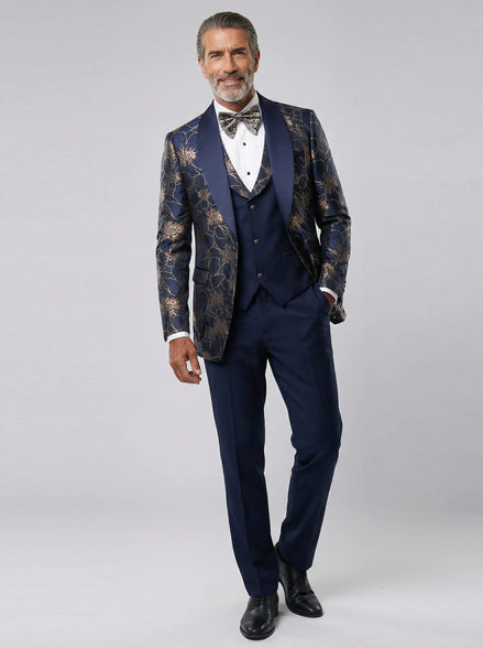 Side view - Navy Gold Floral Jacquard Shawl Tuxedo - Nevo Suit