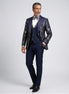 Front view - Navy Gold Floral Jacquard Shawl Tuxedo - Nevo Suit