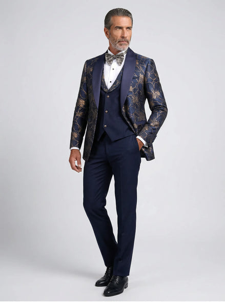 Front view - Navy Gold Floral Jacquard Shawl Tuxedo - Nevo Suit