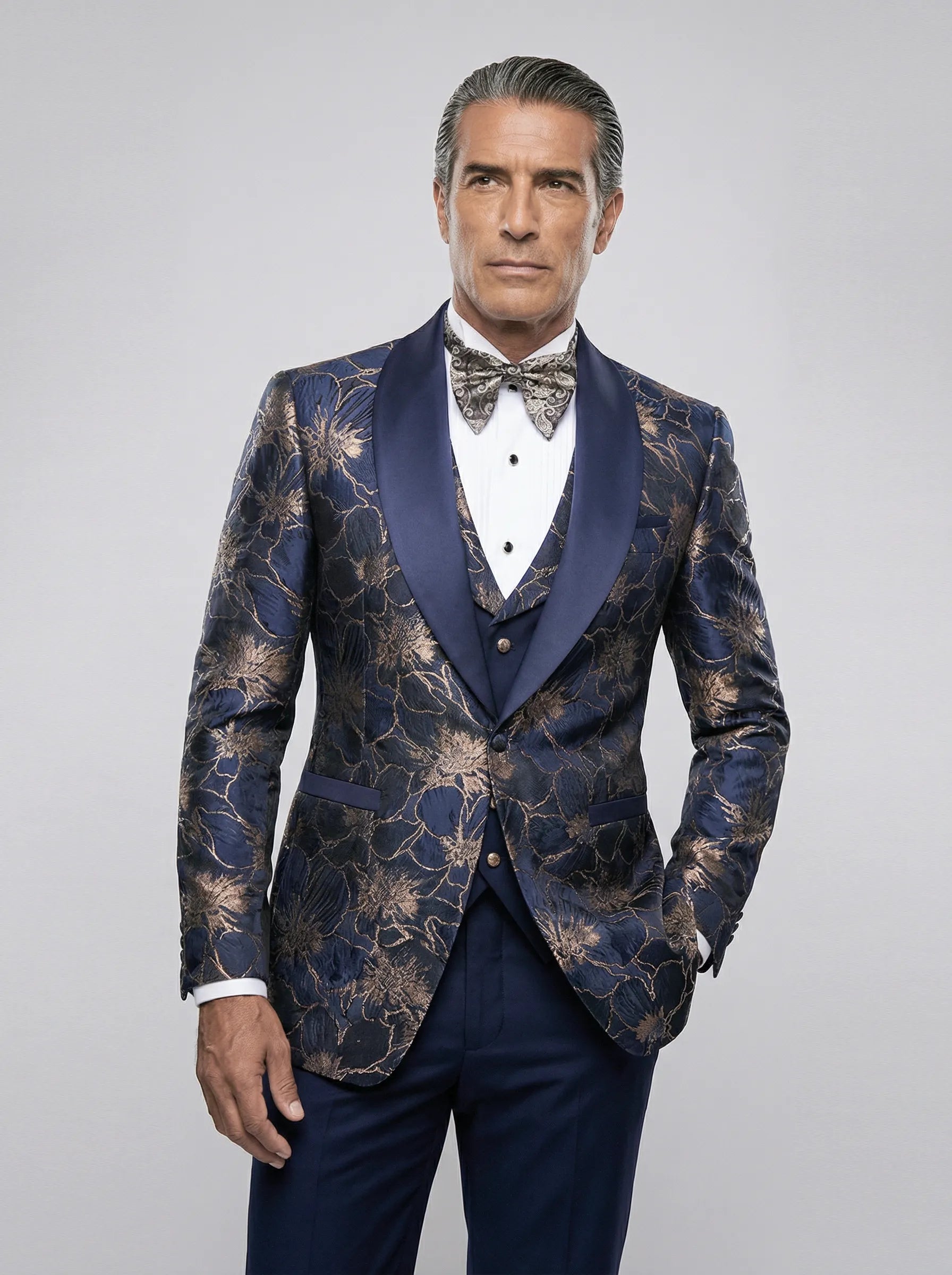 Navy Gold Floral Jacquard Shawl Tuxedo - flat lay view - Nevo Suit