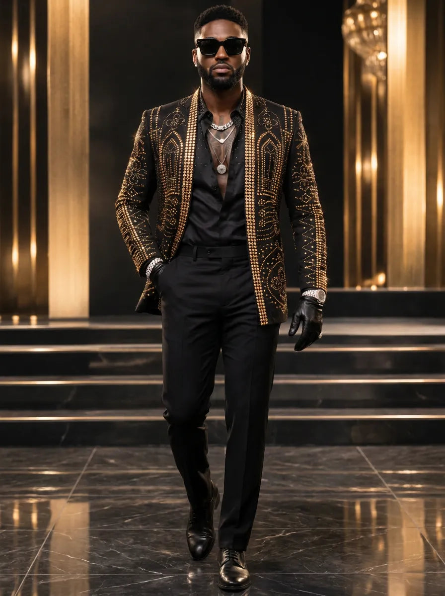 Aureate Pharaoh black dinner jacket with faceted gold crystal arch detailing, product view 3