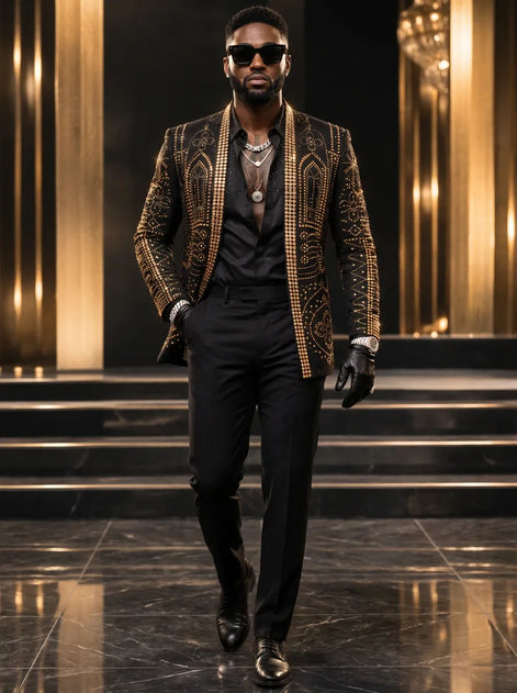 Aureate Pharaoh black dinner jacket with faceted gold crystal arch detailing, product view 3