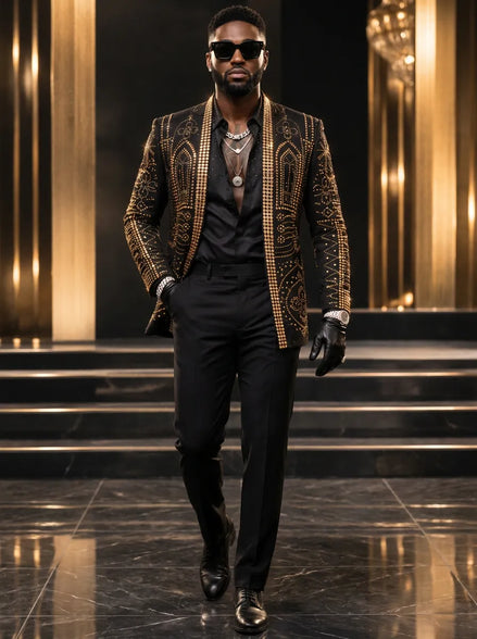 Aureate Pharaoh black dinner jacket with faceted gold crystal arch detailing, product view 3
