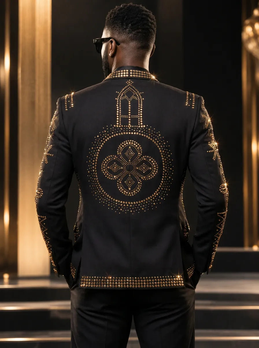Aureate Pharaoh black dinner jacket with faceted gold crystal arch detailing, product view 7
