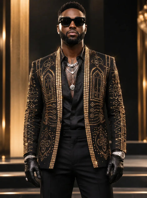 Aureate Pharaoh black dinner jacket with faceted gold crystal arch detailing, product view 2