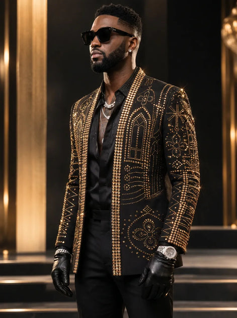 Aureate Pharaoh black dinner jacket with faceted gold crystal arch detailing, product view 4