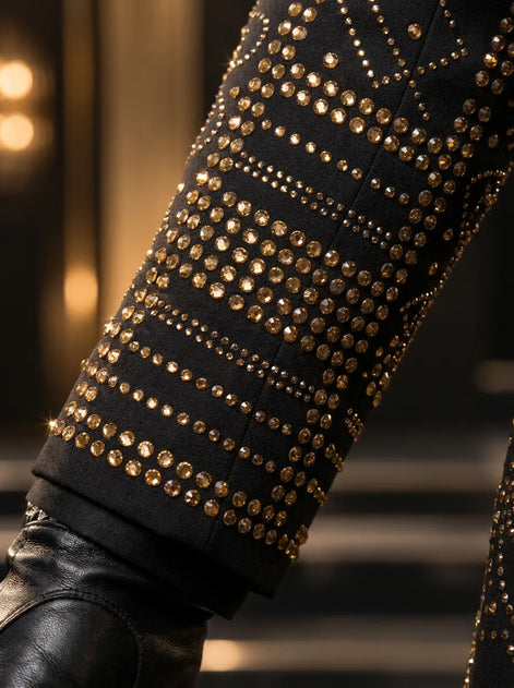 Aureate Pharaoh black dinner jacket with faceted gold crystal arch detailing, product view 8