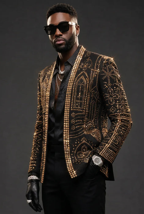 Aureate Pharaoh black dinner jacket with faceted gold crystal arch detailing, product view 13