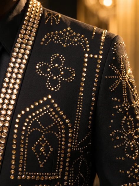 Aureate Pharaoh black dinner jacket with faceted gold crystal arch detailing, product view 9