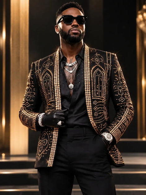Aureate Pharaoh black dinner jacket with faceted gold crystal arch detailing, product view 1
