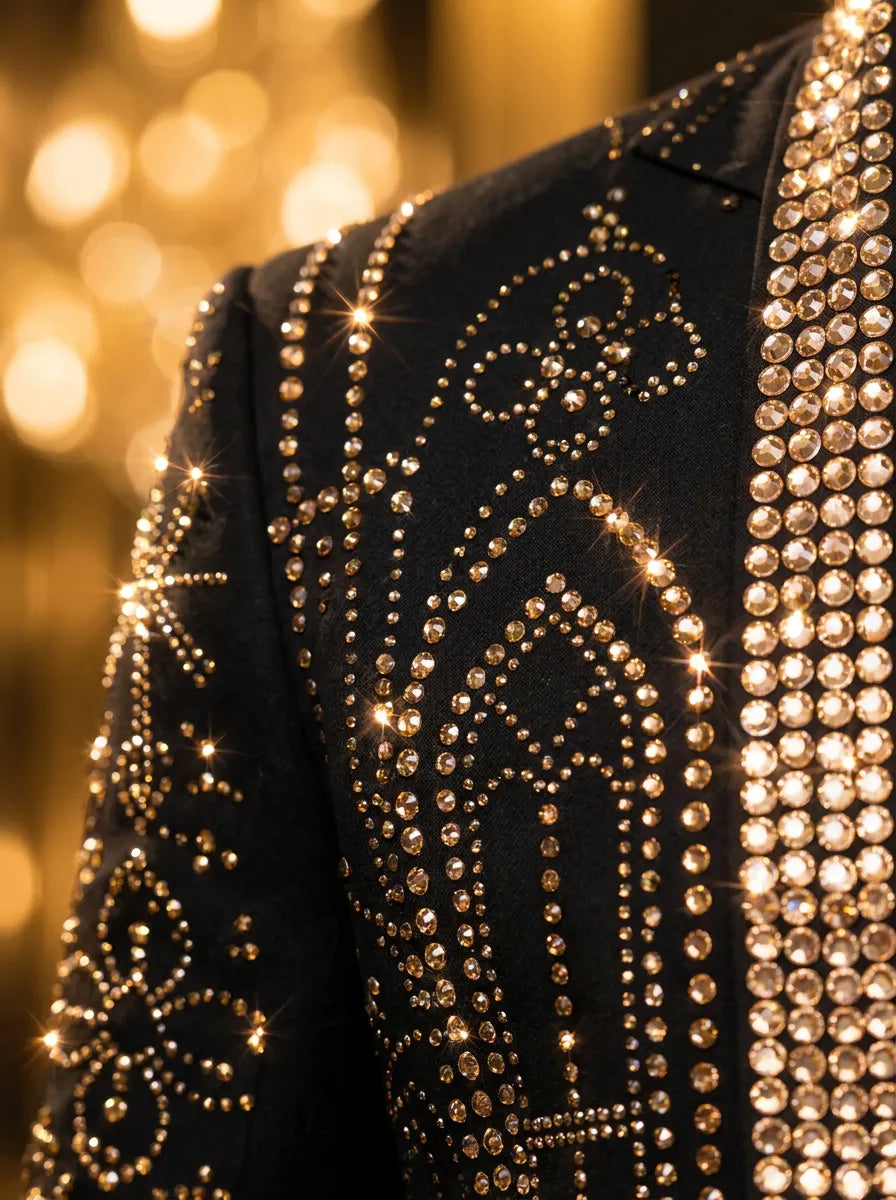 Aureate Pharaoh black dinner jacket with faceted gold crystal arch detailing, product view 11