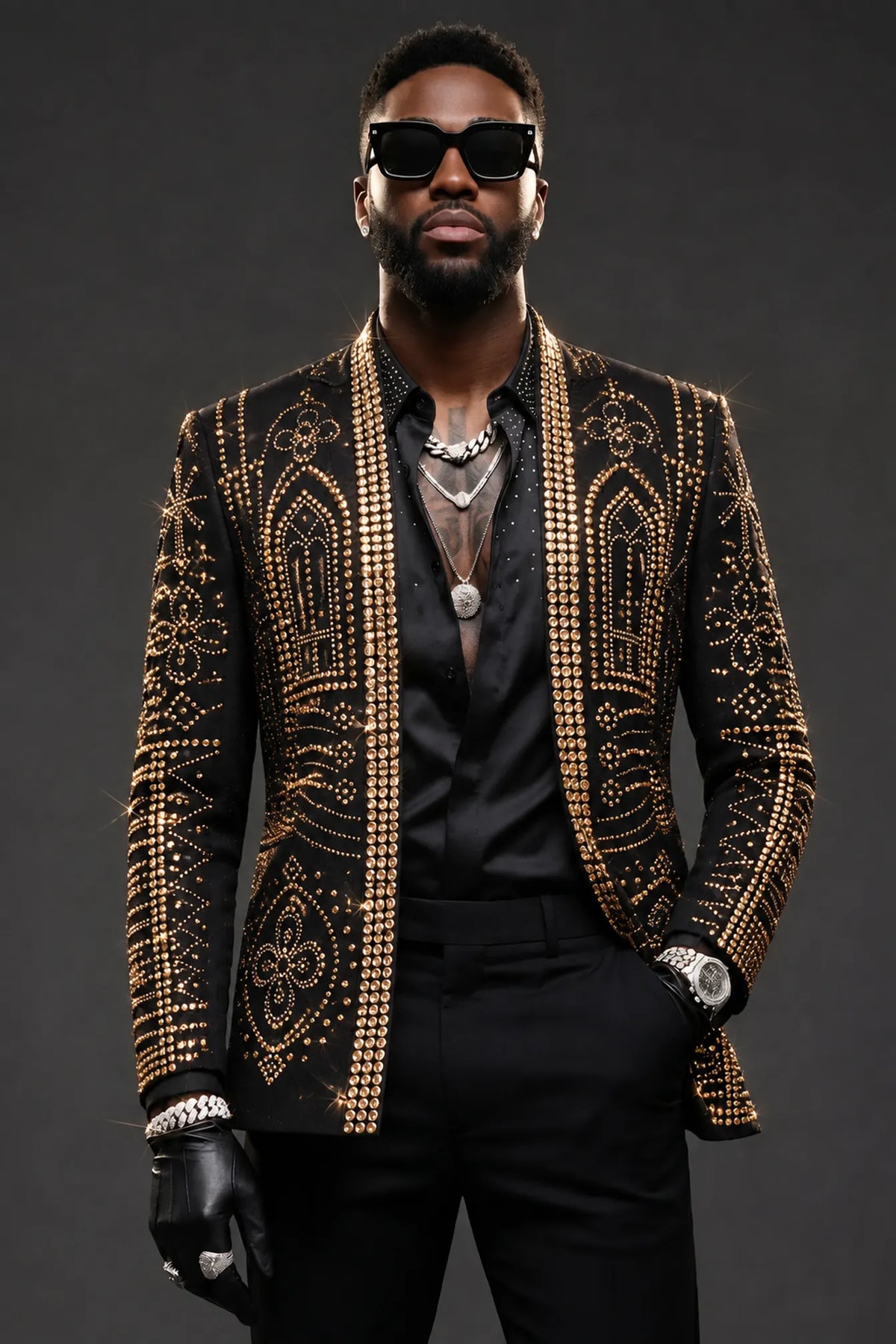 Aureate Pharaoh black dinner jacket with faceted gold crystal arch detailing, product view 12