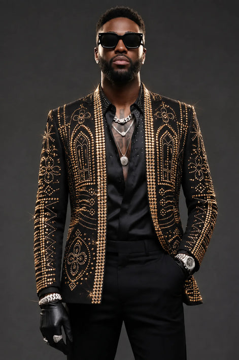 Aureate Pharaoh black dinner jacket with faceted gold crystal arch detailing, product view 12