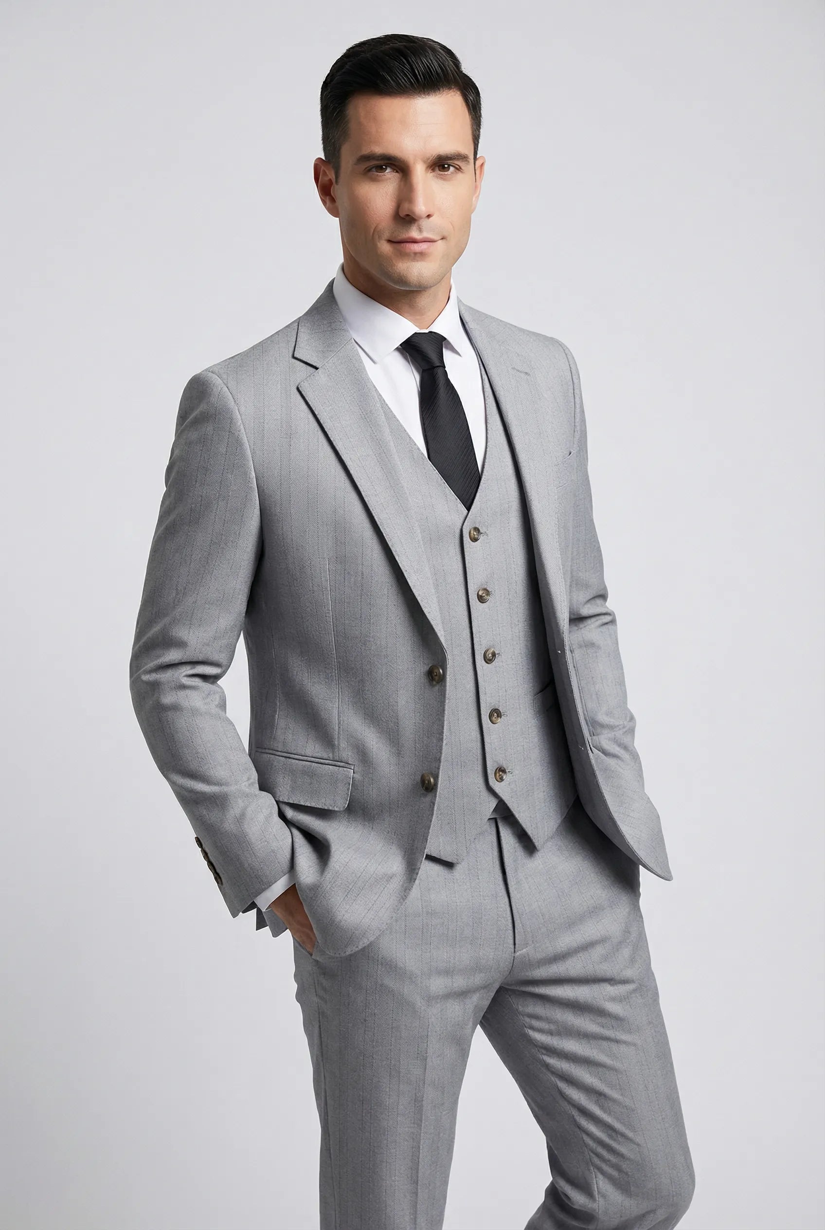 Sterling Pinstripe - Light Grey Textured 3-Piece Suit - Nevo Suits