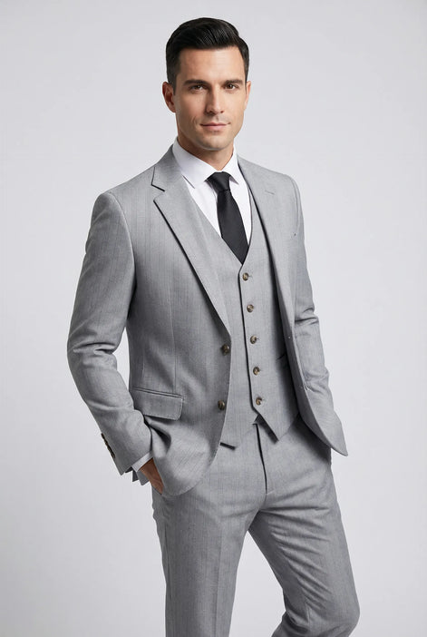 Sterling Pinstripe - Light Grey Textured 3-Piece Suit - Nevo Suits