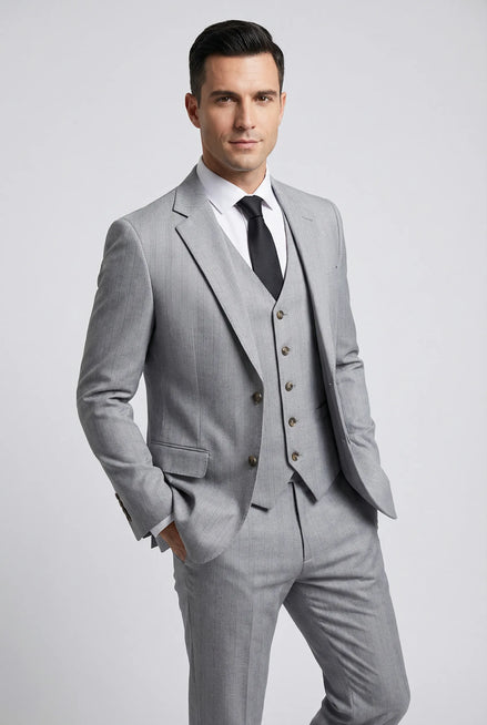Sterling Pinstripe - Light Grey Textured 3-Piece Suit - Nevo Suits