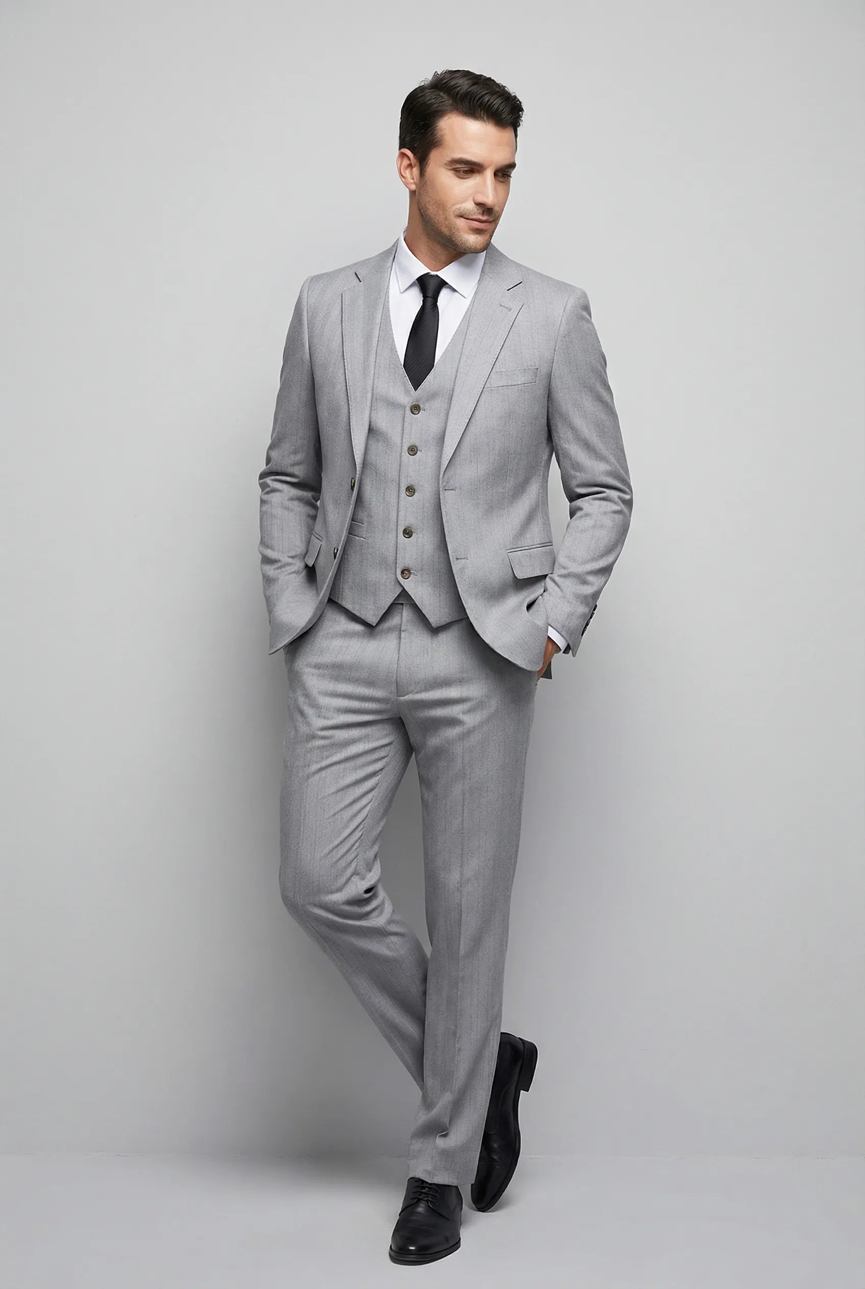 Sterling Pinstripe - Light Grey Textured 3-Piece Suit - Nevo Suits