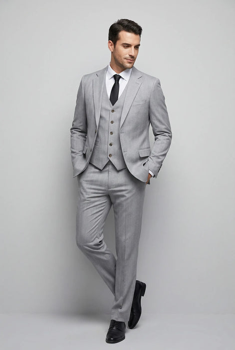 Sterling Pinstripe - Light Grey Textured 3-Piece Suit - Nevo Suits