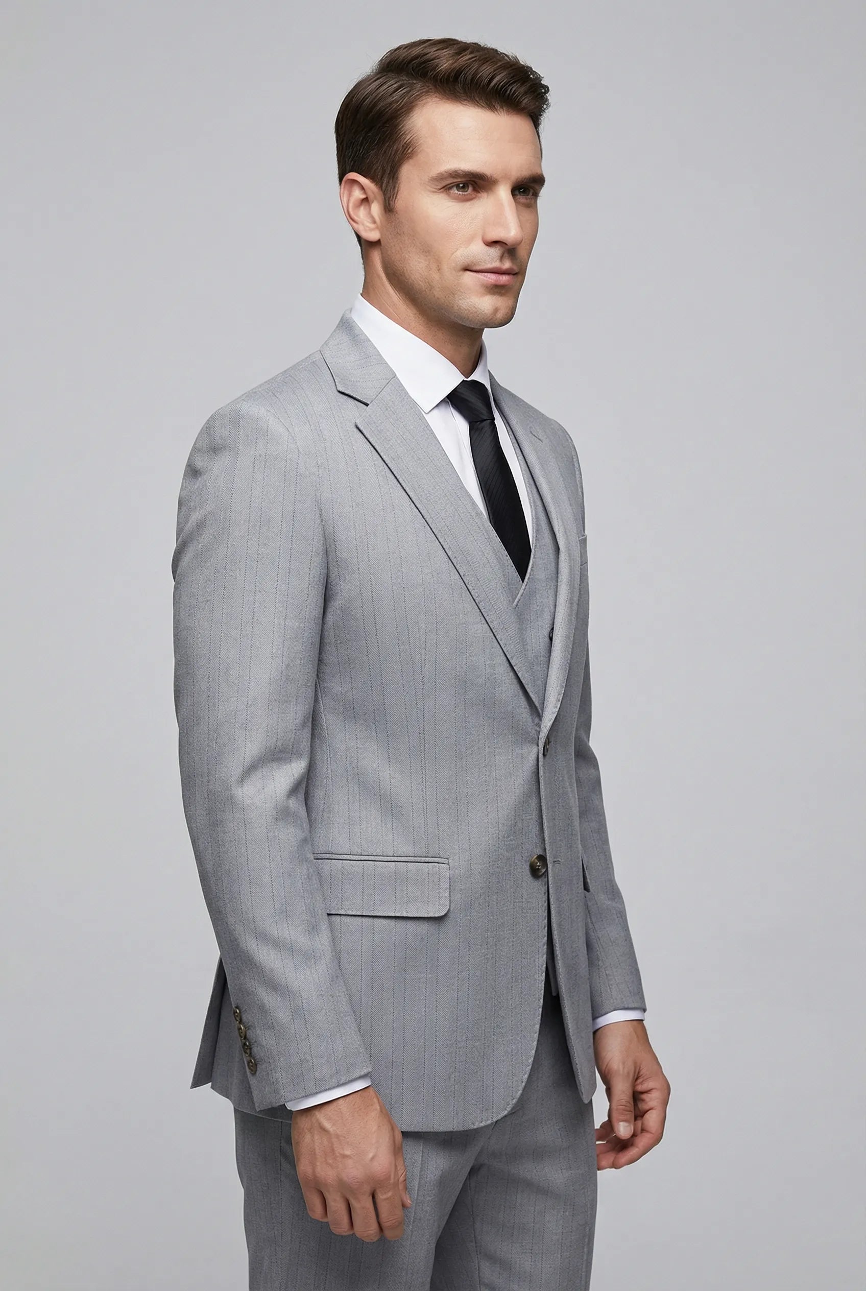 Sterling Pinstripe - Light Grey Textured 3-Piece Suit - Nevo Suits