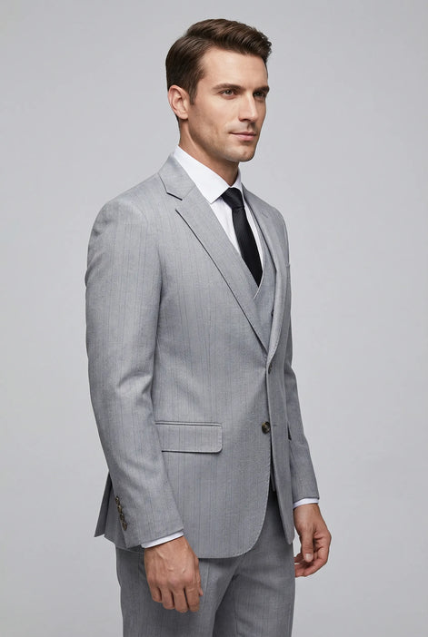 Sterling Pinstripe - Light Grey Textured 3-Piece Suit - Nevo Suits