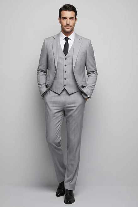 Sterling Pinstripe - Light Grey Textured 3-Piece Suit - Nevo Suits