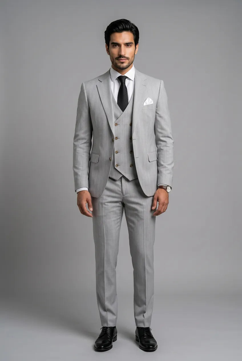 Sterling Pinstripe - Light Grey Textured 3-Piece Suit Set