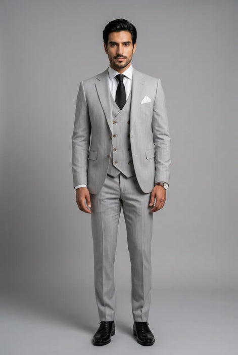 Sterling Pinstripe - Light Grey Textured 3-Piece Suit Set