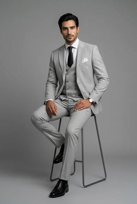 Sterling Pinstripe - Light Grey Textured 3-Piece Suit Set