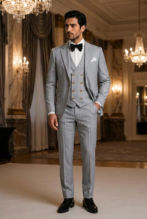 Sterling Pinstripe - Light Grey Textured 3-Piece Suit Set