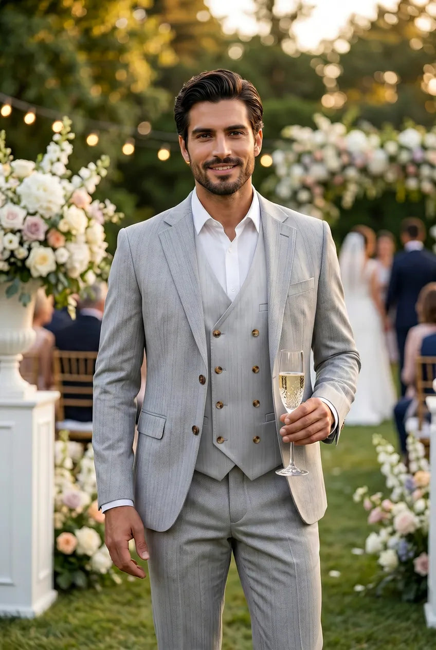 Sterling Pinstripe - Light Grey Textured 3-Piece Suit Set