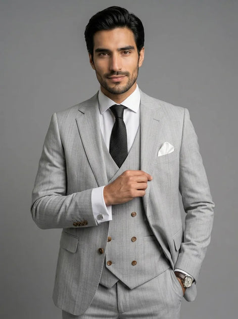 Sterling Pinstripe - Light Grey Textured 3-Piece Suit Set