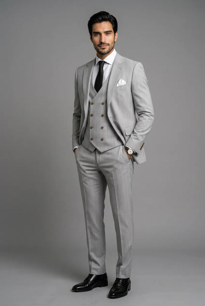 Sterling Pinstripe - Light Grey Textured 3-Piece Suit Set