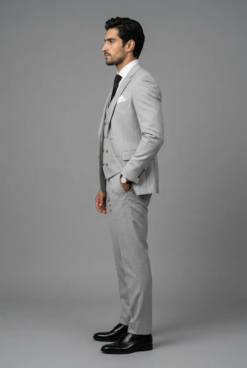 Sterling Pinstripe - Light Grey Textured 3-Piece Suit Set