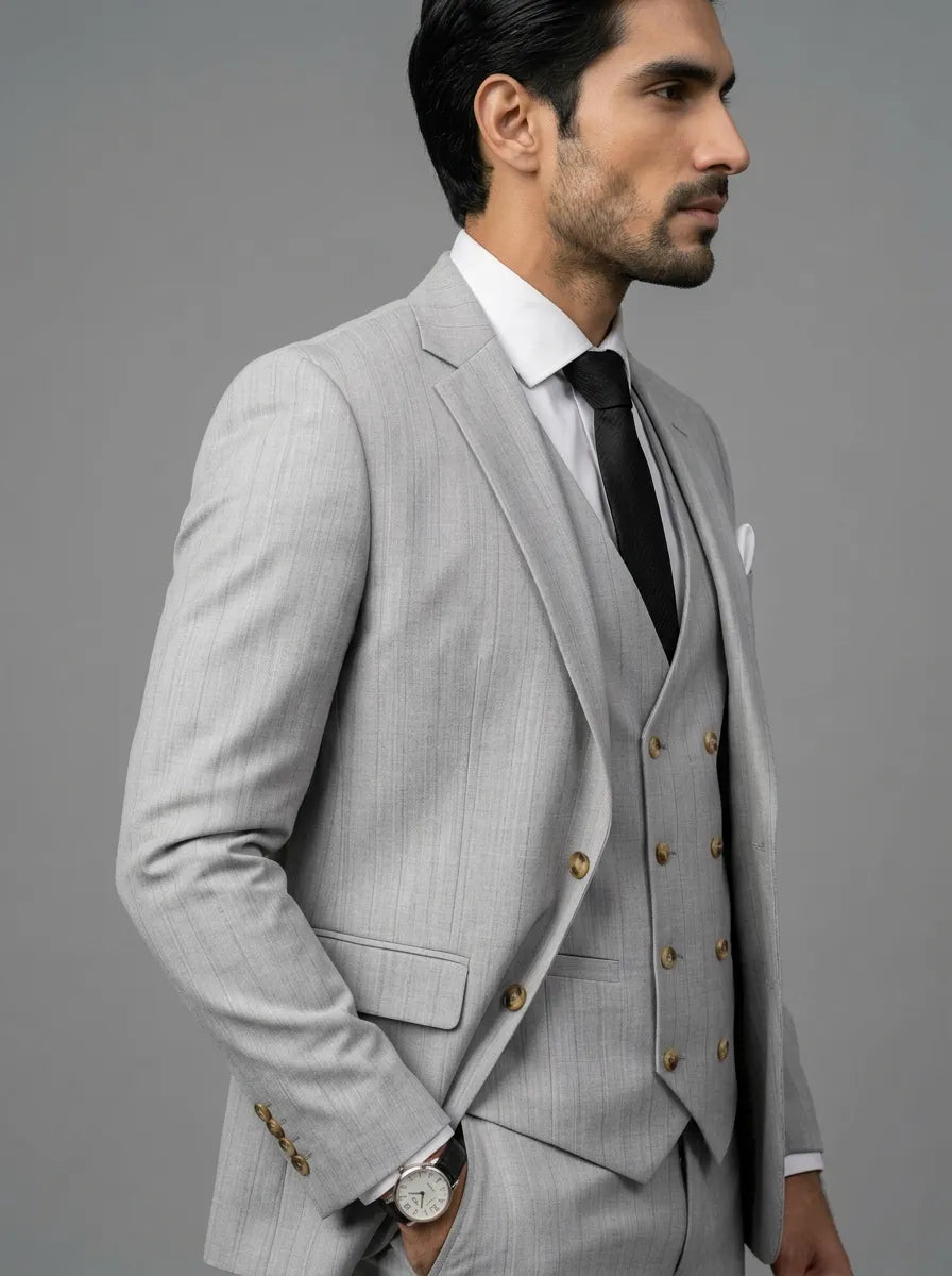Sterling Pinstripe - Light Grey Textured 3-Piece Suit Set