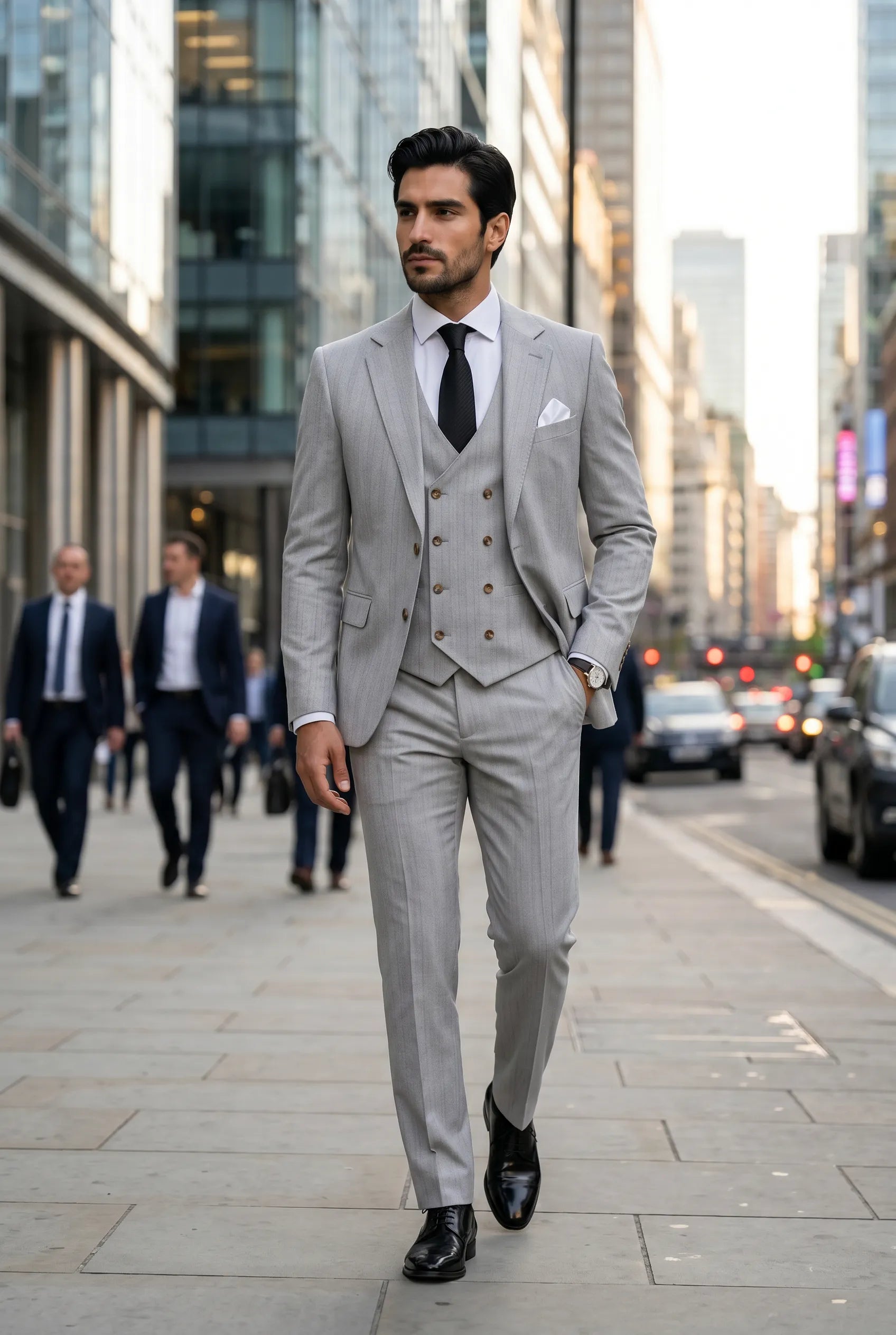 Sterling Pinstripe - Light Grey Textured 3-Piece Suit Set