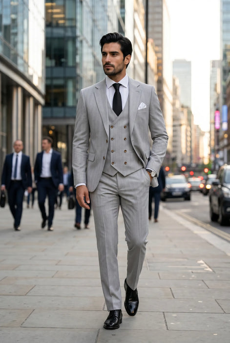 Sterling Pinstripe - Light Grey Textured 3-Piece Suit Set