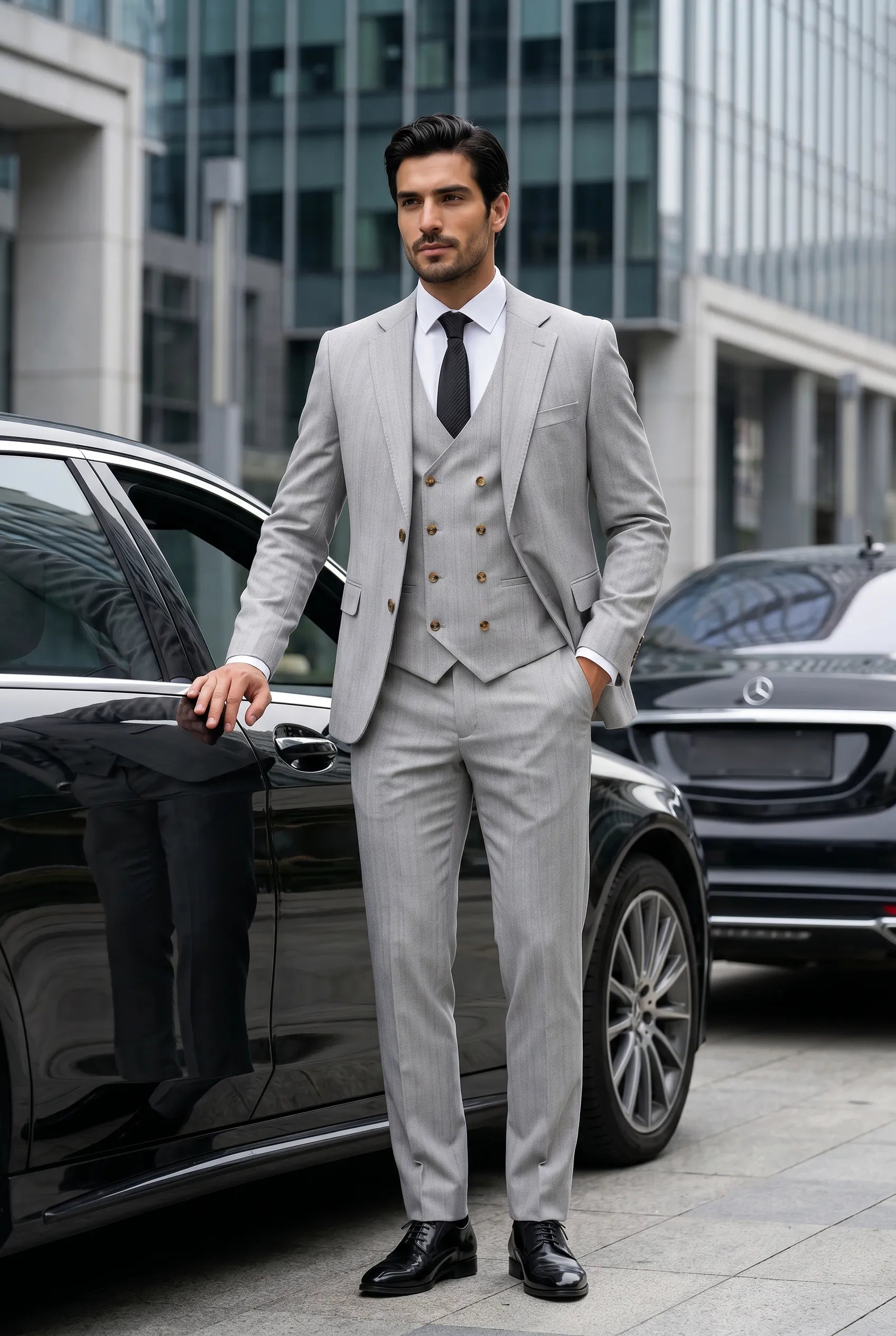 Sterling Pinstripe - Light Grey Textured 3-Piece Suit Set