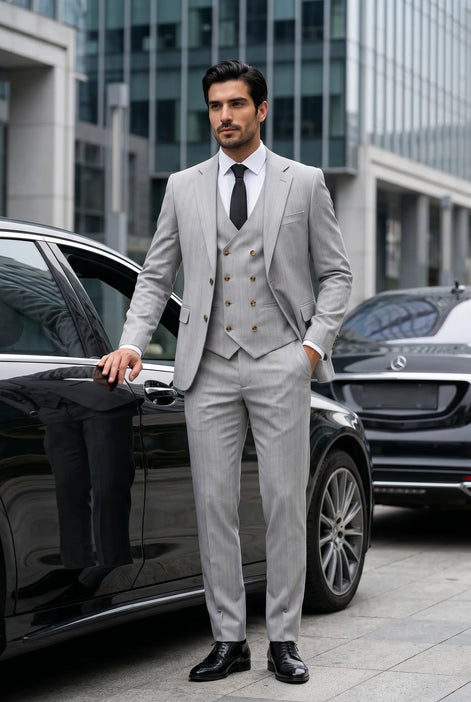 Sterling Pinstripe - Light Grey Textured 3-Piece Suit Set